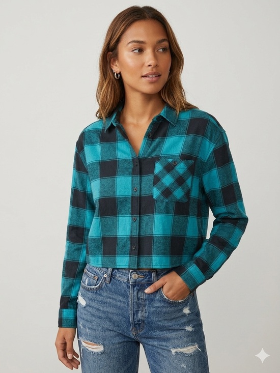 Express Tops - Express women’s blue/black plaid button front cropped shirt size XS NWT